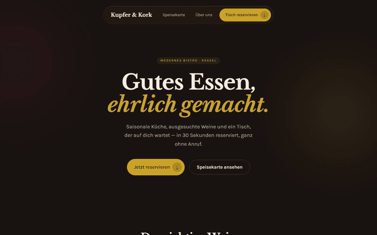 Vorschau der Kupfer & Kork Demo-Website